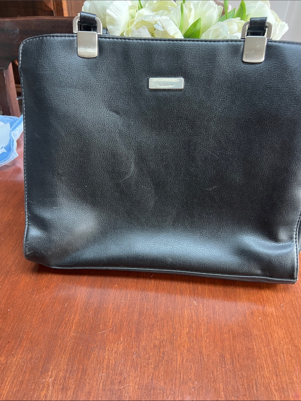 Liz Claiborne Black Shoulder Tote with Silver Accents